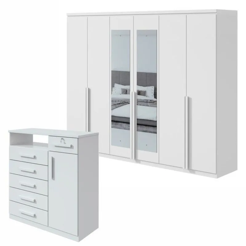 Conjunto De Guarda-roupa Alonzo Com Espelho E Cômoda Da Vinci Com Nicho Branco