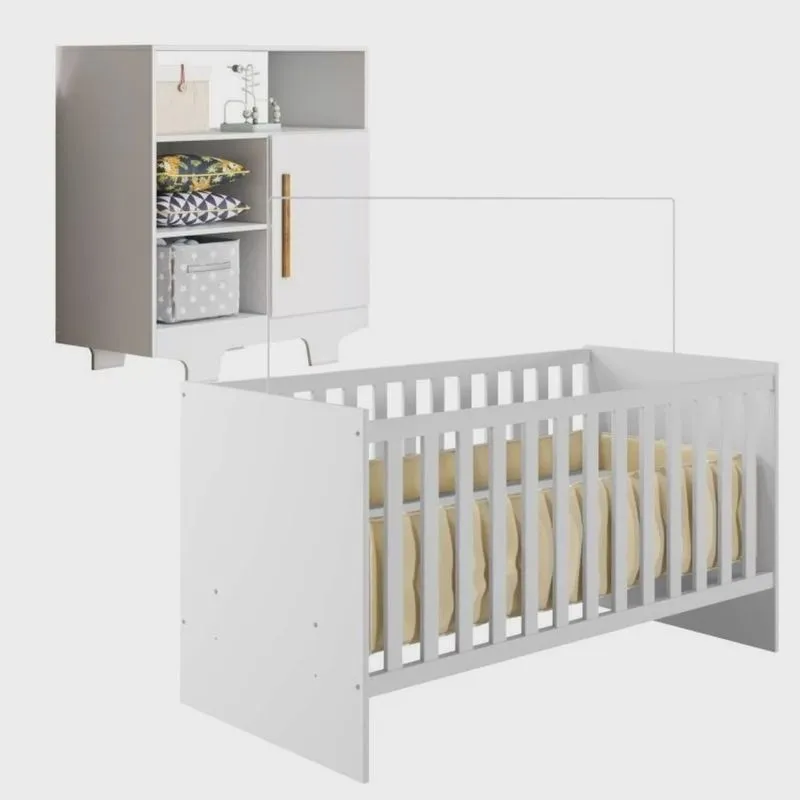 Quarto de Bebê com Berço com Suporte Mosquiteiro Life e Cômoda 100% Mdf 1 Porta 3 Prateleiras