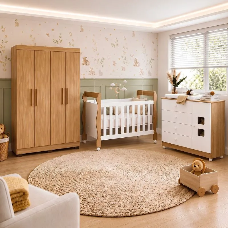 Quarto De Bebê Com Berço Mini Cama, Cômoda 1 Porta 4 Gavetas E Roupeiro 4 Portas 3 Gavetas 100% Mdf Branco/madeirado Ypê