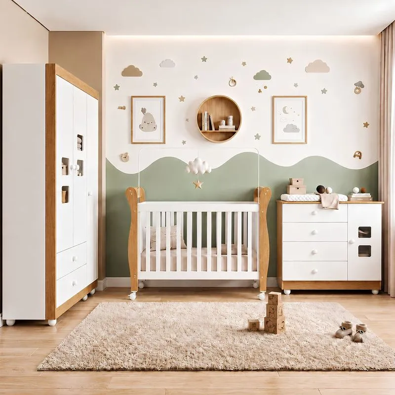 Quarto De Bebê Com Berço Mini Cama, Cômoda 1 Porta 4 Gavetas E Guarda Roupa 3 Portas 2 Gavetas Branco/madeirado Ypê