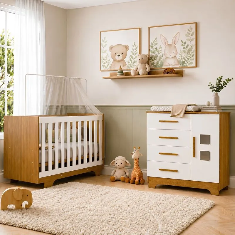 Quarto De Bebê Com Berço Mini Cama 100% Mdf Com Colchão Life E Cômoda 4 Gavetas 1 Porta Fly 100% Mdf Branco/madeirado Ypê