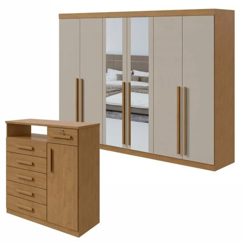 Conjunto De Guarda-roupa Com Espelho Bertha Com Cômoda Da Vinci Com Nicho Amêndoa Clean/off White