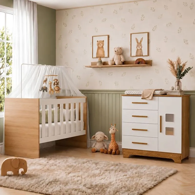Quarto De Bebê Com Berço Com Suporte 100% Mdf Life E Cômoda 4 Gavetas 1 Porta Fly 100% Mdf Branco/madeirado Ypê