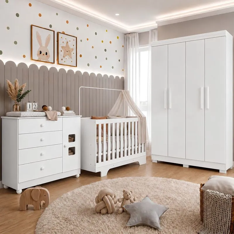 Quarto De Bebê Com Berço Mini Cama, Cômoda1 Porta 4 Gavetas E Roupeiro 4 Portas 3 Gavetas Branco