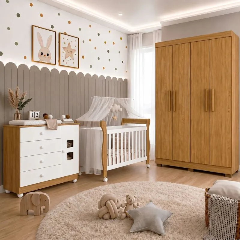 Quarto De Bebê Com Berço Mini Cama, Cômoda 1 Porta 4 Gavetas E Roupeiro 4 Portas 3 Gavetas 100% Mdf Branco/madeirado Ypê