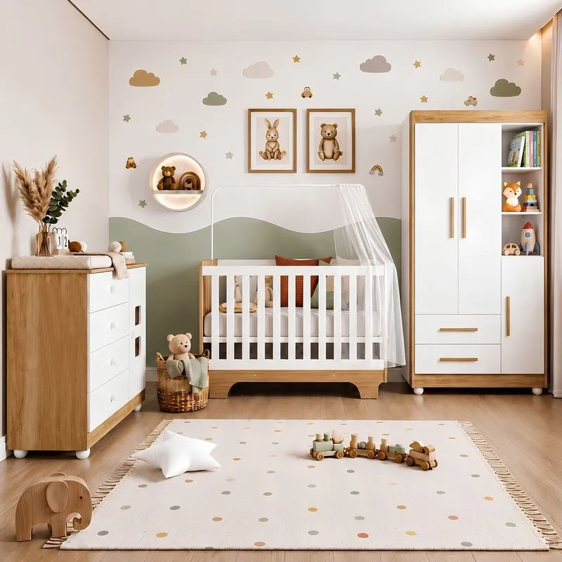 Quarto De Bebê Com Berço Mini Cama, Cômoda 1 Porta 4 Gavetas E Roupeiro Flocos 3 Portas 2 Gavetas Branco/madeirado Ypê
