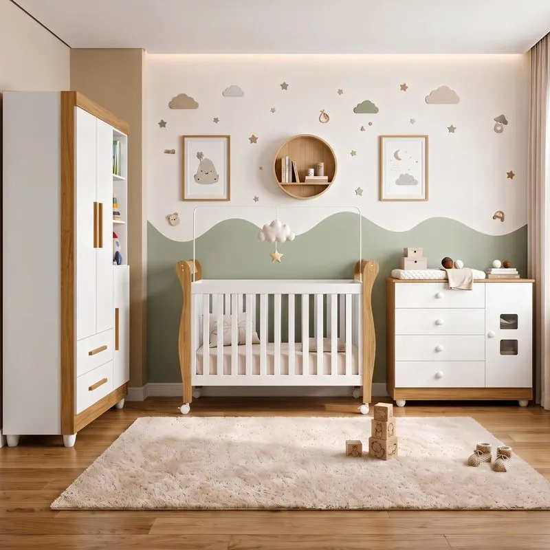 Quarto De Bebê Com Berço Mini Cama, Cômoda 1 Porta 4 Gavetas E Roupeiro Flocos 3 Portas 2 Gavetas Branco/madeirado Ypê