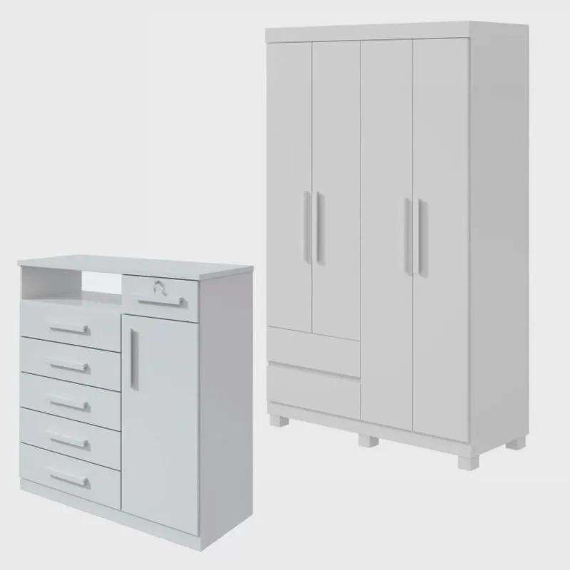 Conjunto de Guarda-Roupa 4 Portas 2 Gavetas Zeus com Pés e Cômoda 1 Porta 6 Gavetas Da Vinci
