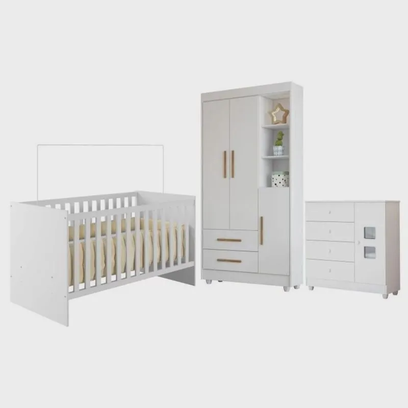 Quarto de Bebê com Berço com Suporte, Cômoda 1 Porta 4 Gavetas e Roupeiro Flocos 3 Portas 2