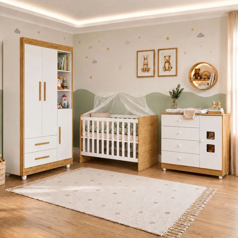 Quarto De Bebê Com Berço Com Suporte, Cômoda 1 Porta 4 Gavetas E Roupeiro Flocos 3 Portas 2 Gavetas Branco/madeirado Ypê