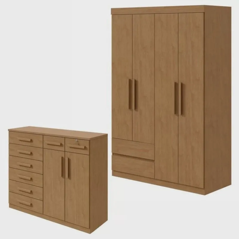 Conjunto de Guarda-Roupa 4 Portas 2 Gavetas Zeus e Cômoda 8 Gavetas 2 Portas Toronto Amêndoa