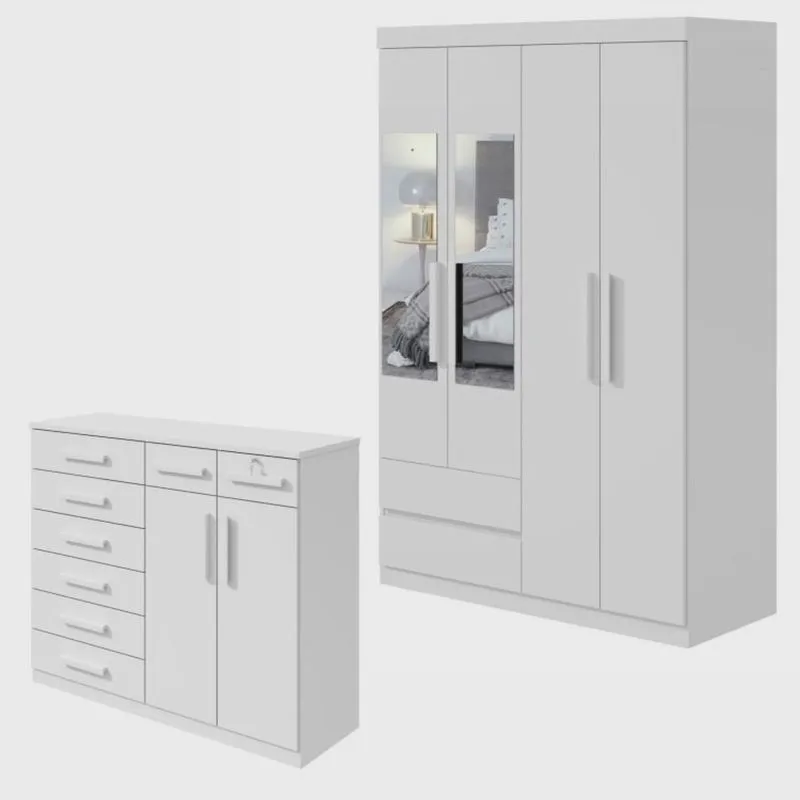 Conjunto de Guarda-Roupa Solteiro com Espelho 4 Portas 2 Gavetas Zeus e Cômoda Toronto Branco