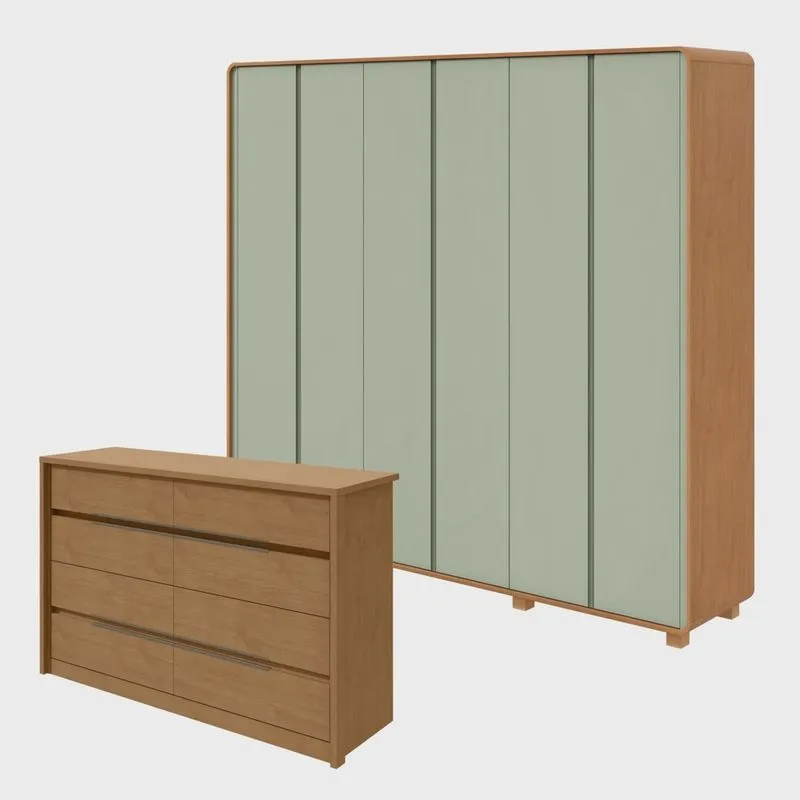 Conjunto de Guarda-roupa Casal Loop 6 Portas com Pés e Cômoda 8 Gavetas Urban