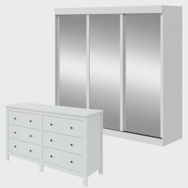 Conjunto de Guarda-roupa 3 Portas 3 Gavetas Saion Plus Super Glass e Cômoda 6 Gavetas Maggiore