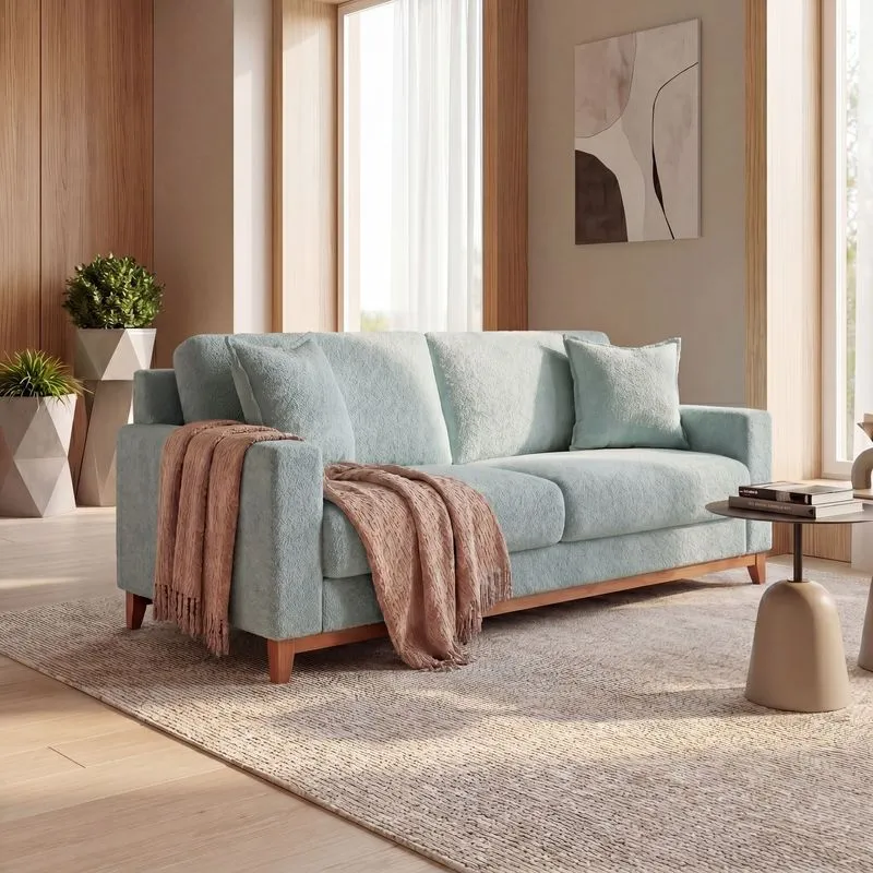 Sofá Living Vintage 3 Lugares 200cm Em Boucle Slim Azul Bebê