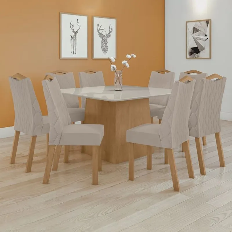 Conjunto Mesa 130cm Nevada com Vidro Plus com 8 Cadeiras Venus