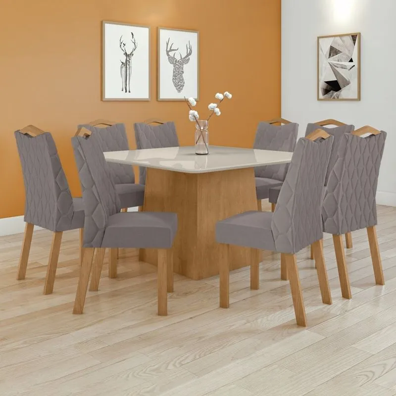 Conjunto Mesa 130cm Nevada Com Vidro Plus Com 8 Cadeiras Venus Amêndoa Clean/off White/ Capuccino