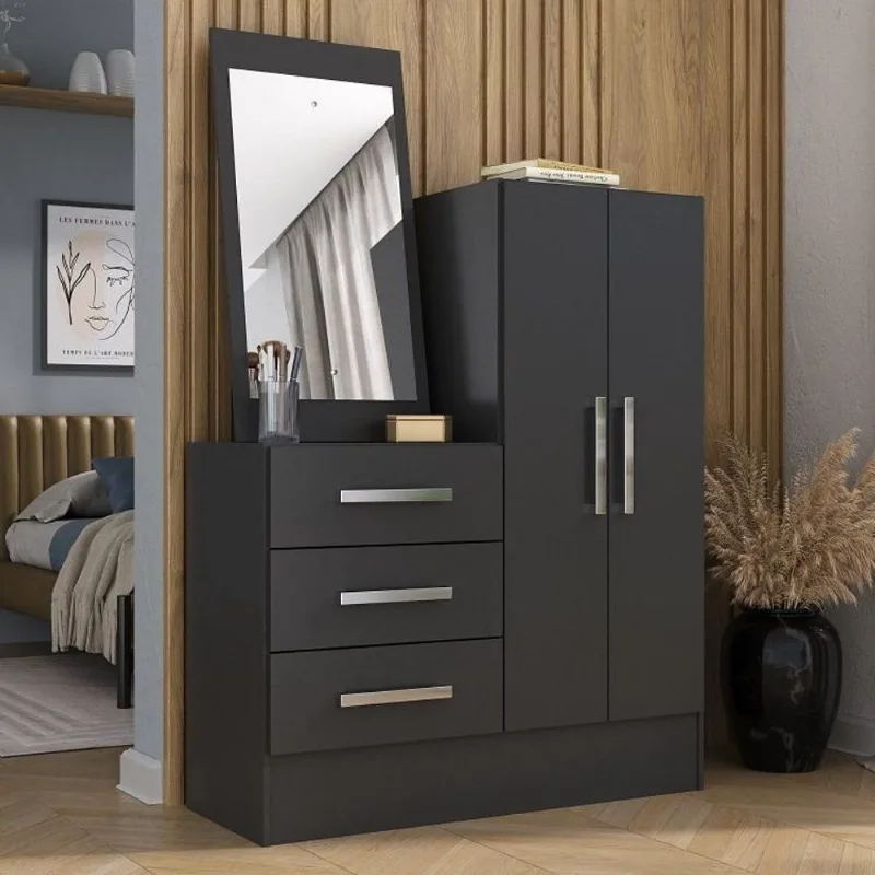 Cômoda para Quarto 3 Gavetas 2 Portas com Espelho Dunas Yescasa Preto