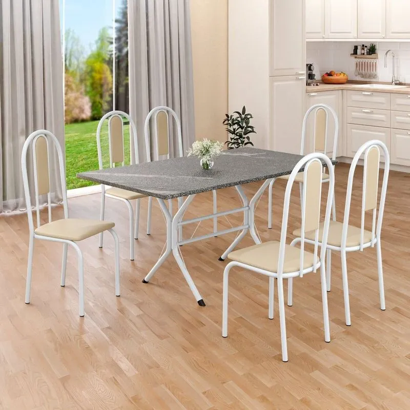 Conjunto Sala De Jantar Mesa Retangular 140x75cm Tampo Granito Topázio 6 Cadeiras Linda Yescasa Creme/branco