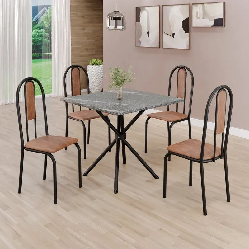 Conjunto Sala De Jantar Mesa Quadrada 70x70cm Tampo Granito Topázio 4 Cadeiras Linda Yescasa Marrom/preto Fosco