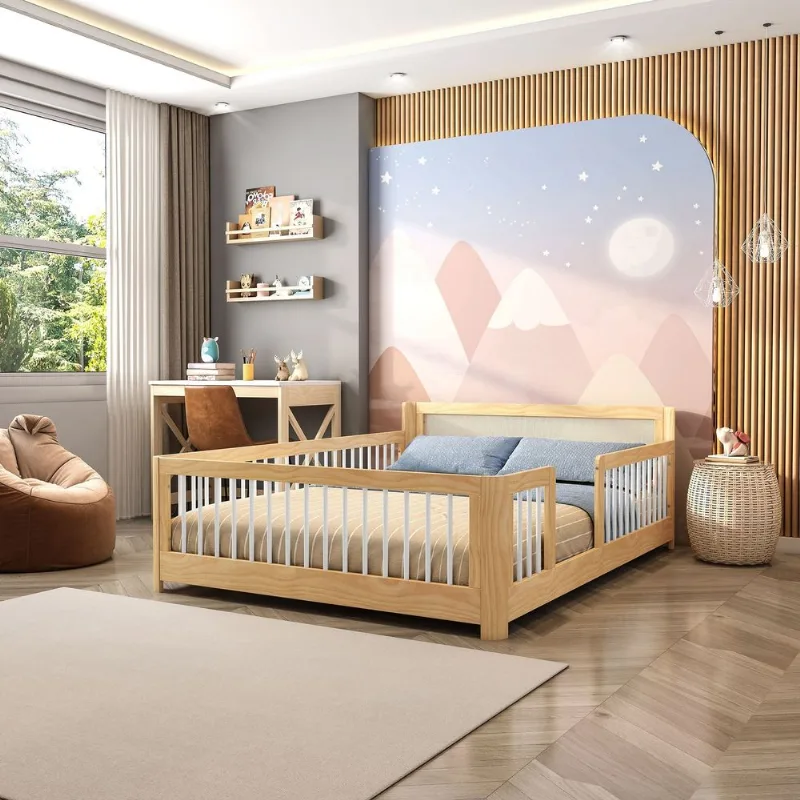 Cama Infantil Casal Montessoriano Wave com Rattan Casatema Bege/Marrom/Branco Natural/Branco