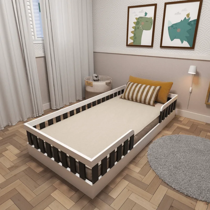 Cama Infantil Montessoriana Solteiro Sol Preto/Branco Branco/Preto