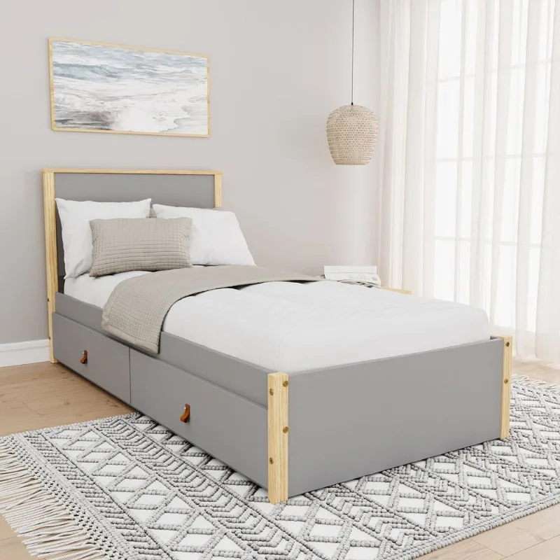 Cama Solteiro 2 Gavetas Íris CabeCasa MadeiraOriginals Cinza/Marrom Cinza/Natural