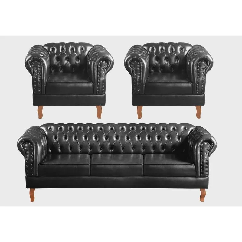 Conjunto Sofá Chesterfield 3 Lugares + 2 Poltronas Dom Pedro