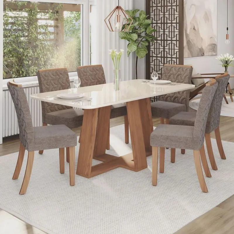 Sala Jantar Lara Mesa 180 Cm Canto Arredondado com Vidro 6 Cadeiras Espresso Móveis