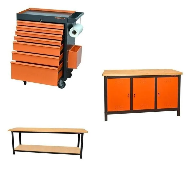 Conjunto Bancada Para Ferramentas 200cm Carro De Ferramentas Profissional 7 Gavetas Presto Laranja