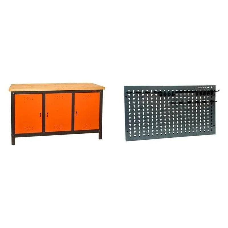 Conjunto De Organização Profissional 1 Bancada Aberta 150cm 1 Painel Para Ferramentas Em Aço Presto Preto