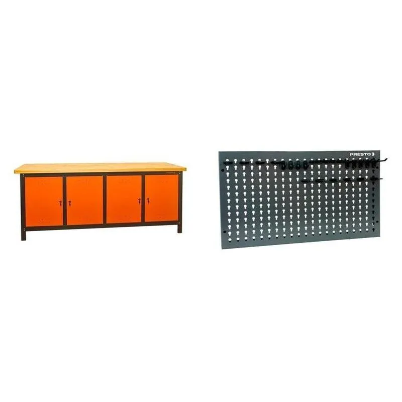 Conjunto De Organização Profissional 1 Bancada Aberta 200cm 1 Painel Para Ferramentas Em Aço Presto Preto