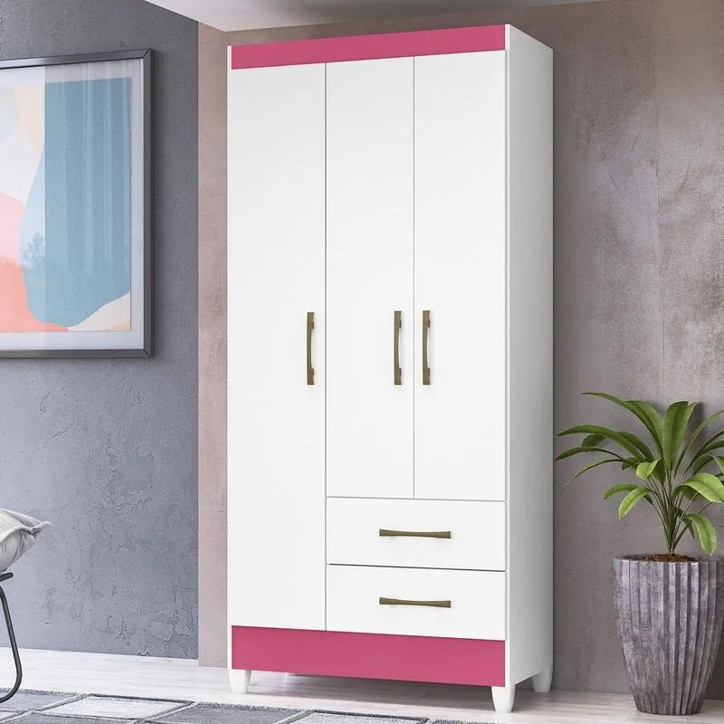 Guarda-roupa Solteiro 3 Portas 2 Gavetas E Pés Lima Branco/rosa Branco/rosa