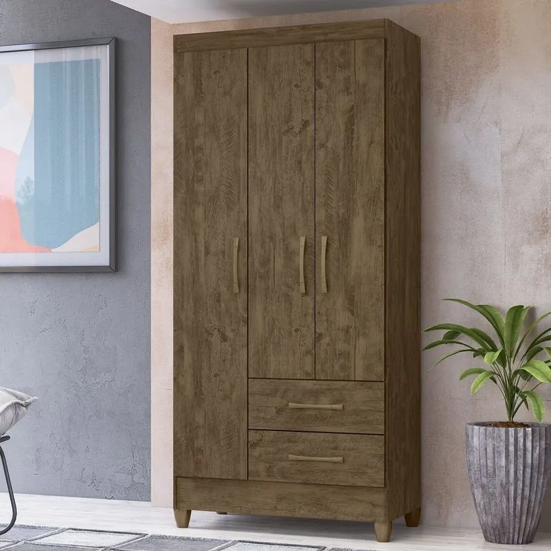 Guarda-roupa Solteiro 3 Portas 2 Gavetas E Pés Lima Marrom/castanho Wood Castanho Wood