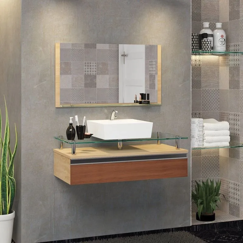 Conjunto Gabinete Banheiro 80cm Ametista Freijo/natura