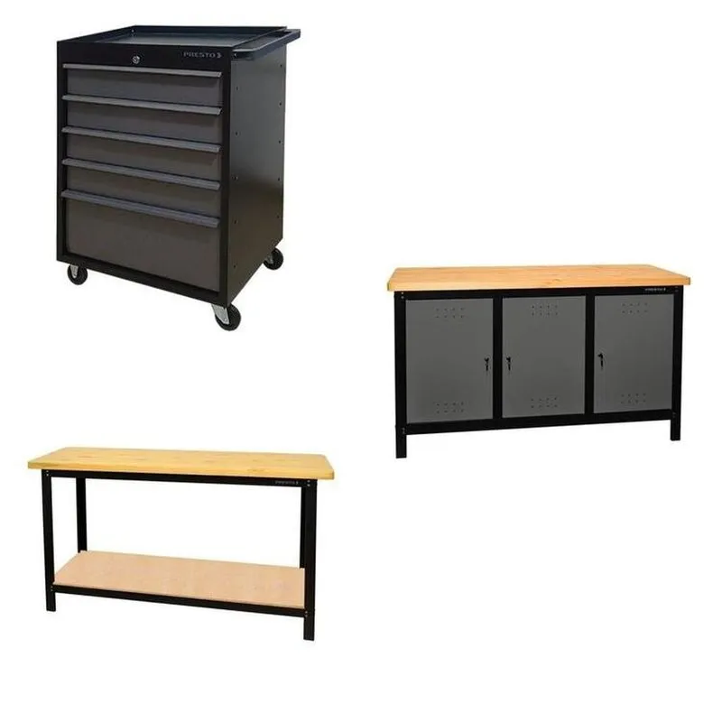 Conjunto 1 Carro Profissional 5 Gavetas 2 Bancadas 150cm Para Ferramentas Presto Preto