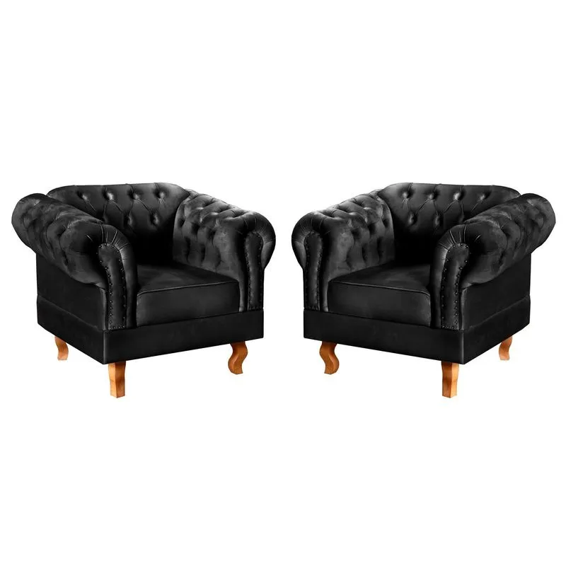 Conjunto 2 Poltronas Chesterfield Dom Pedro Decoração Sala Recepção Retrô Preto