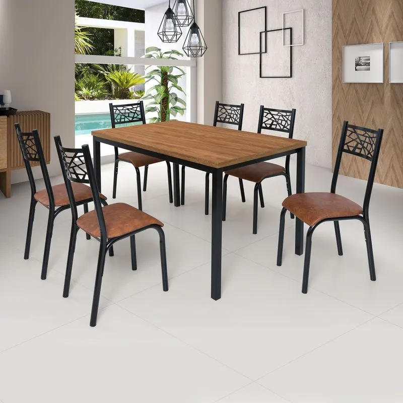 Conjunto Jade Flex 1,36m Tampo Laminado Com 6 Cadeiras Preto Fosco/caramelo/amendoa