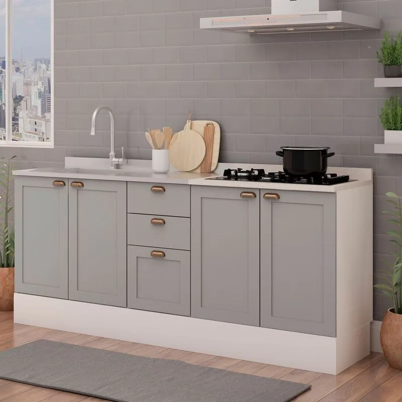 Cozinha Compacta 2 Peças Com Tampo Impermeável Para Cooktop 100% Mdf Com Rodapé Branco/fendi