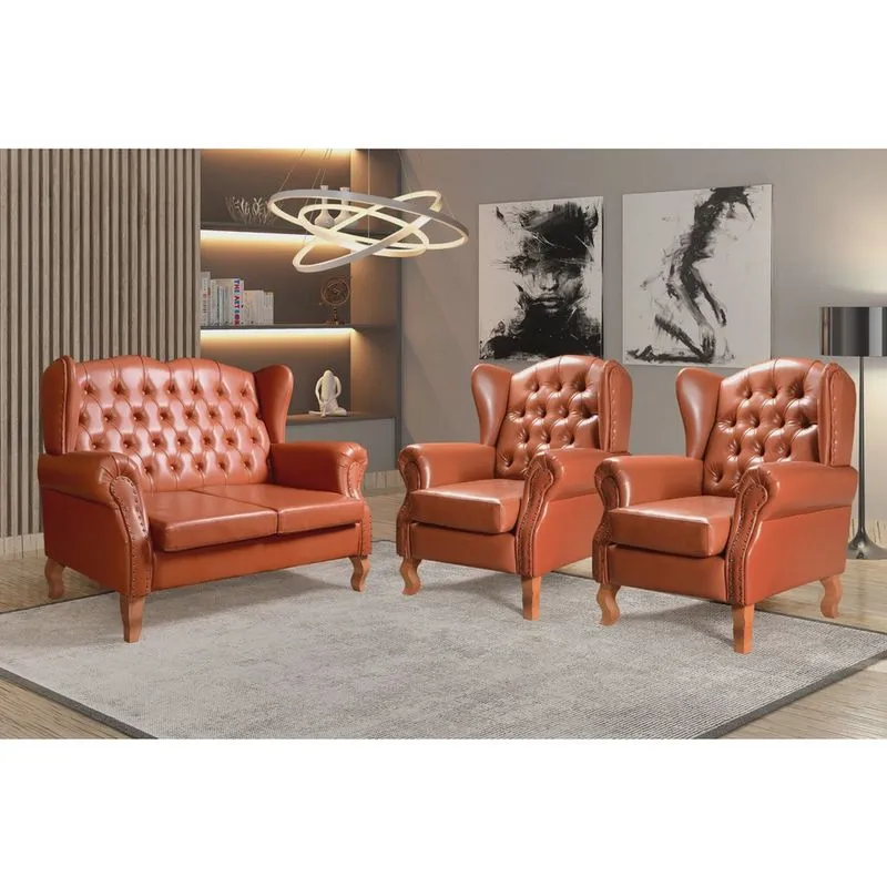 Conjunto Imperador Sofá com Poltronas Chesterfield Decoração Retrô Vintage