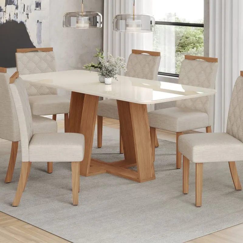 Conjunto Sala Jantar Mesa Lins 160cm Canto Arredondado Com Vidro + 6 Cadeiras Bella Nature/off White