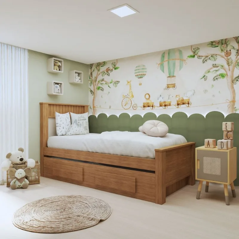 Bicama Solteiro Infantil com 2 Gavetas Athenas Kids Marrom Amêndoa Clean/Off White Amêndoa Clean/Off White