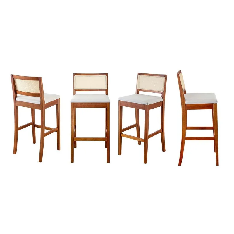 Kit 4 Banquetas com Encosto e Apoio para Pés Tiê CabeCasa MadeiraOriginals Amêndoa/Off White