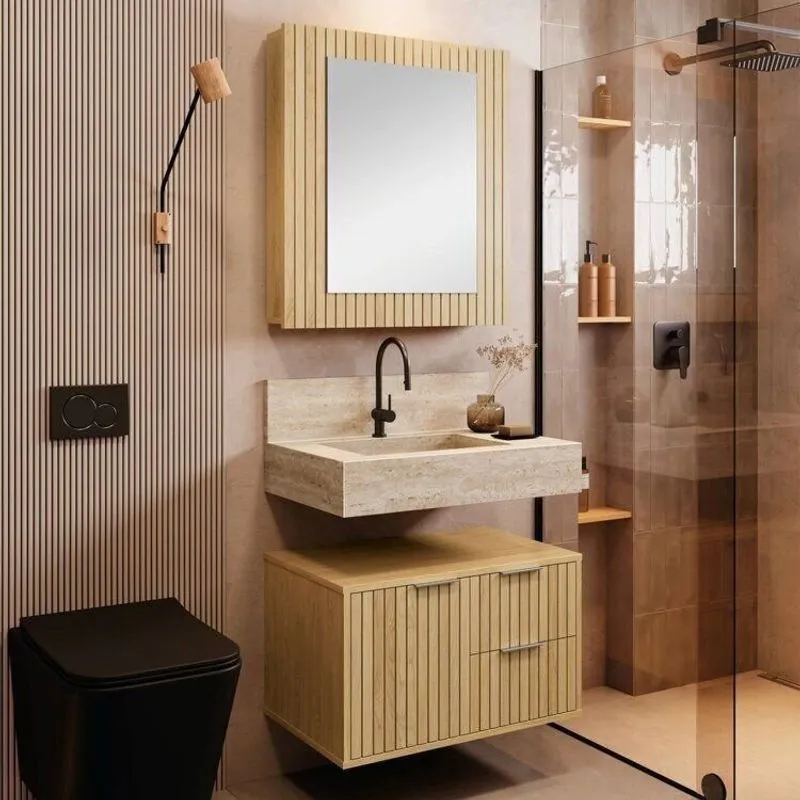 Conjunto Para Banheiro Bancada Em Porcelanato Com Cuba Esculpida, Armário E Espelheira Ripy 60cm Yes Wood