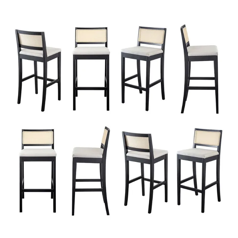 Kit 8 Banquetas com Encosto e Apoio para Pés Tiê CabeCasa MadeiraOriginals Preto/Off White