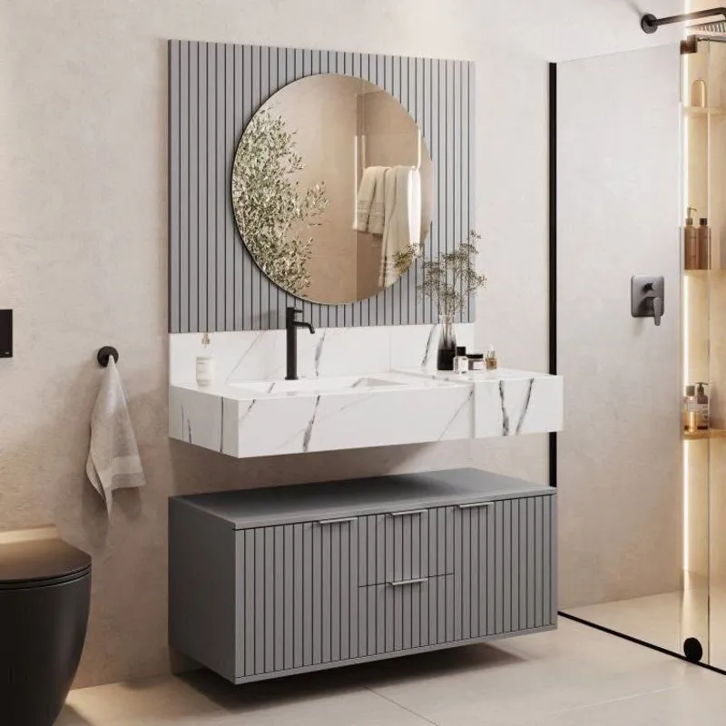 Conjunto Para Banheiro Bancada Em Porcelanato Com Cuba Esculpida, Armário E Espelho Ripy 100cm Cinza