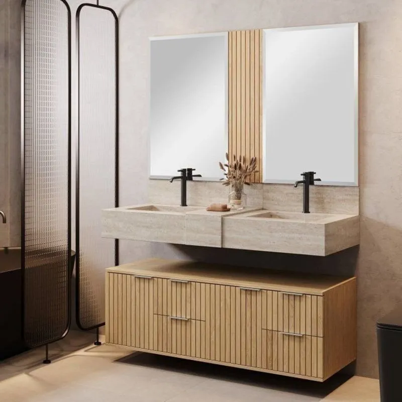 Conjunto Para Banheiro Bancada Em Porcelanato Com Cuba Esculpida, Armário E Espelho Ripy 120cm Wood/travertino