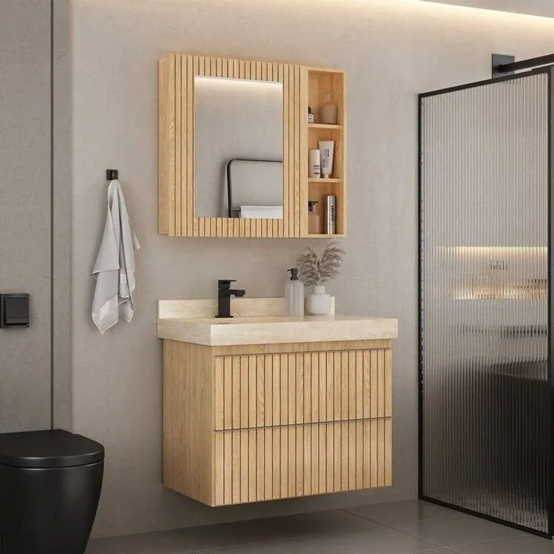 Conjunto Para Banheiro Lavatório Em Porcelanato Com Cuba Esculpida, Gabinete E Espelheira Ripy 80cm Wood/travertino