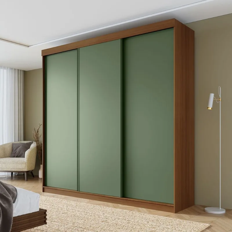 Guarda-Roupa Casal 3 Portas de Correr Lisas Samambaia CabeCasa MadeiraOriginals Marrom/Freijó/Verde Freijó/Verde