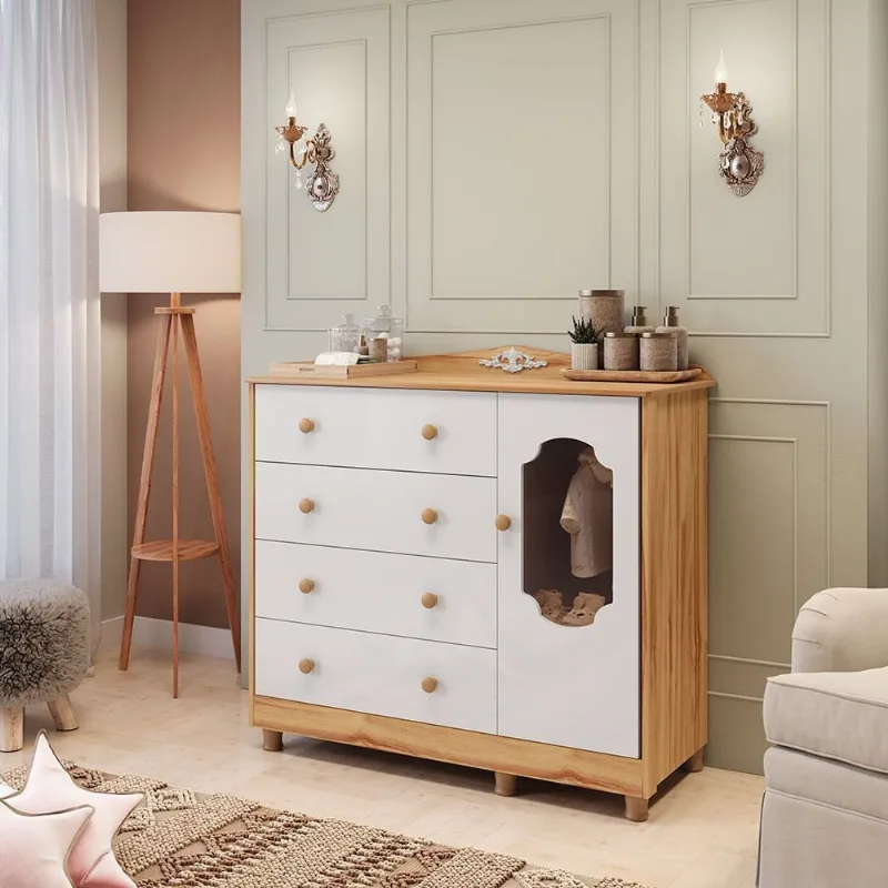 Cômoda de Bebê 120,30cm 1 Porta com Janela e 4 Gavetas 100% MDF Maya Provençal Yescasa Branco/Bri Branco Brilho/Amêndoa